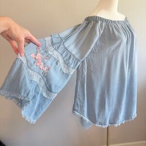 Standard Grace XL Boho Off Shoulder Tunic Floral Embroidered Denim Top